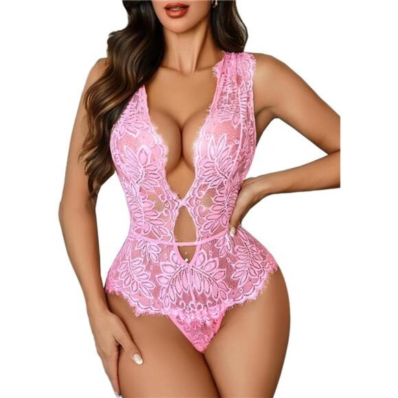 Women One Piece Lingerie Lace Bodysuit Pink - Picture 1 of 6